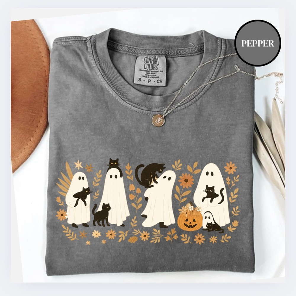 NEW Halloween Ghost and Cat Comfort Colors  Graphic Tee, Oversized Shirt S-3X